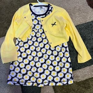 Daisy Print Girl’s Dress with Yellow Cardigan